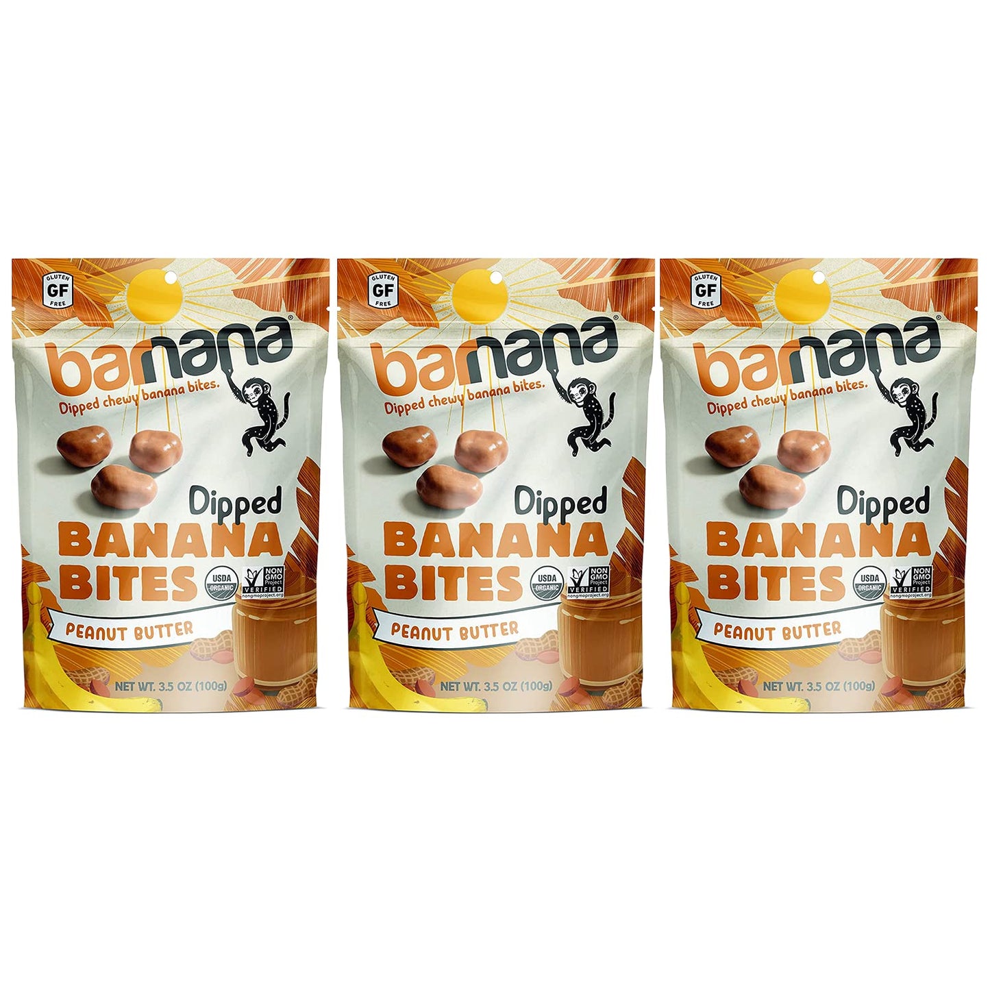 Barnana Organic Peanut Butter Dipped Chewy Banana Bites, 3.5 Ounce Bag (Pack Of 3)