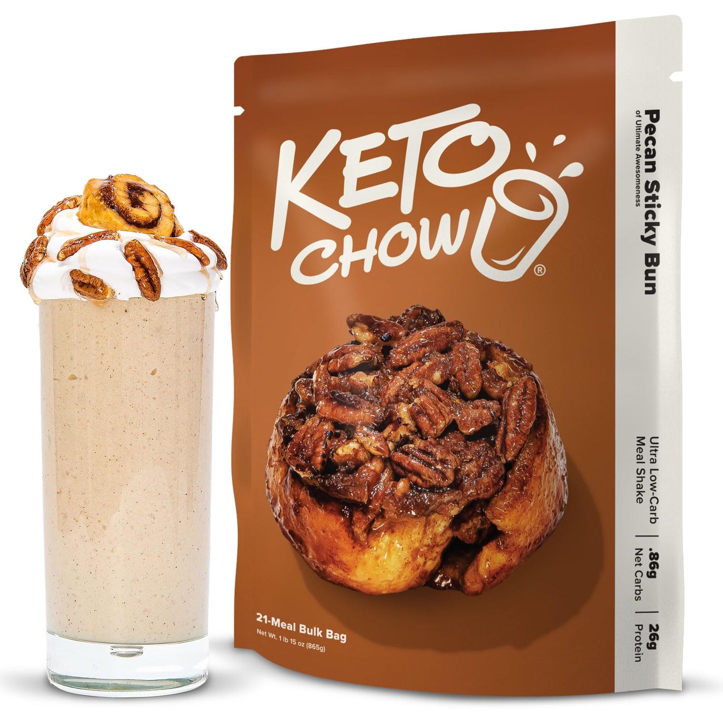 Keto Chow Keto Meal Replacement Shake Powder, Pecan Sticky Bun Flavor, 31 Ounce, Low Carb, Protein Rich, 21 Meal Bulk Pack