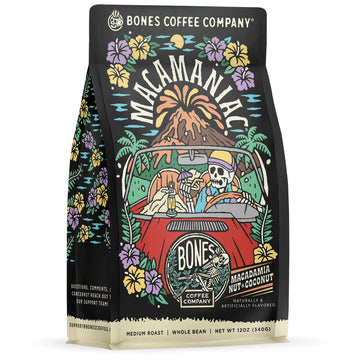 Bones Coffee Company Macamaniac, Macadamia And Coconut Flavored Coffee, Medium Roast Low Acid Arabica Beans Compatible With Auto Drip And French Press Coffee Maker, 12 Oz Ground