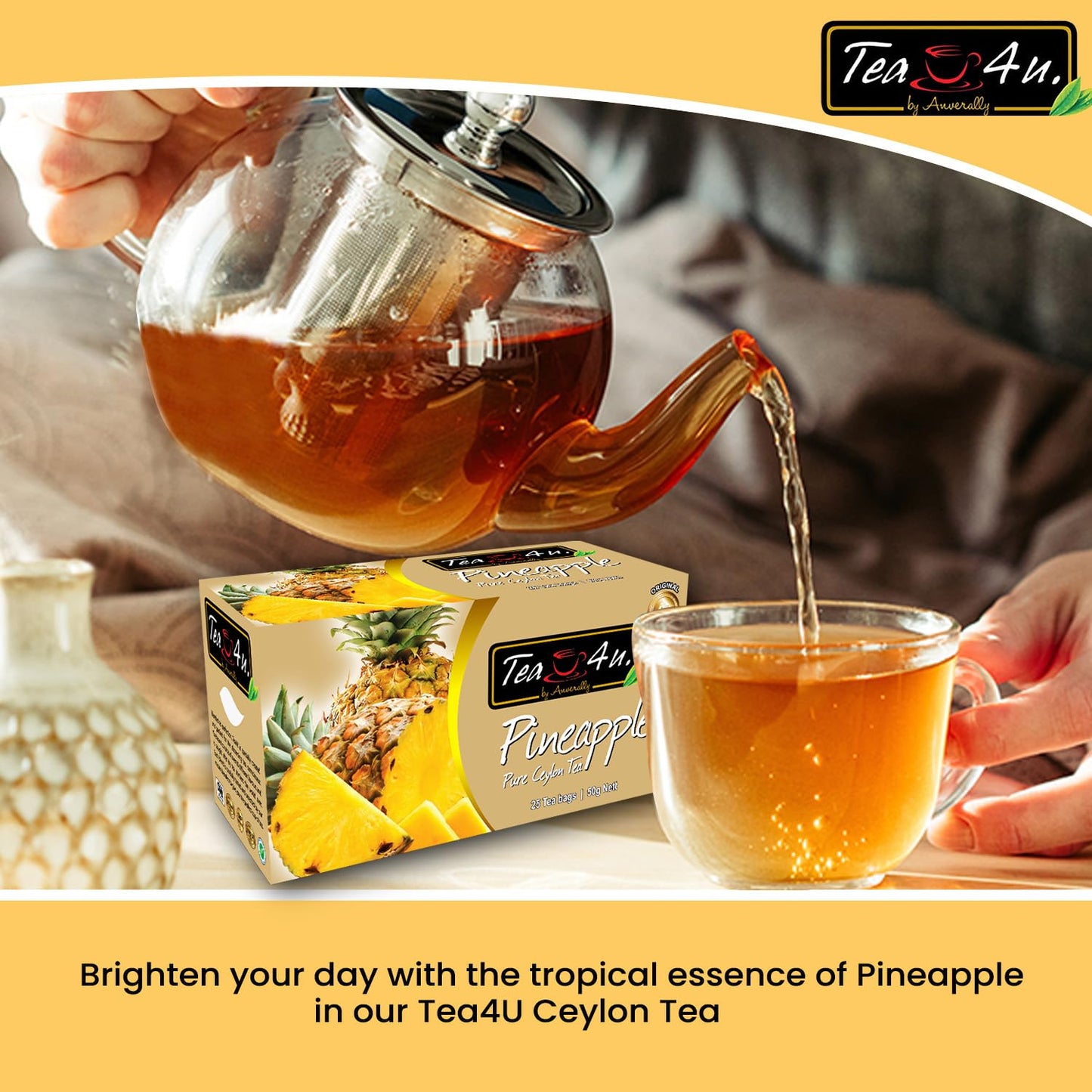 Tea4U Flavored Black Ceylon TeaBags (Pineapple) - Ideal Quality from Sri Lankas Finest Leaves and Expertly Blended - 25 Count