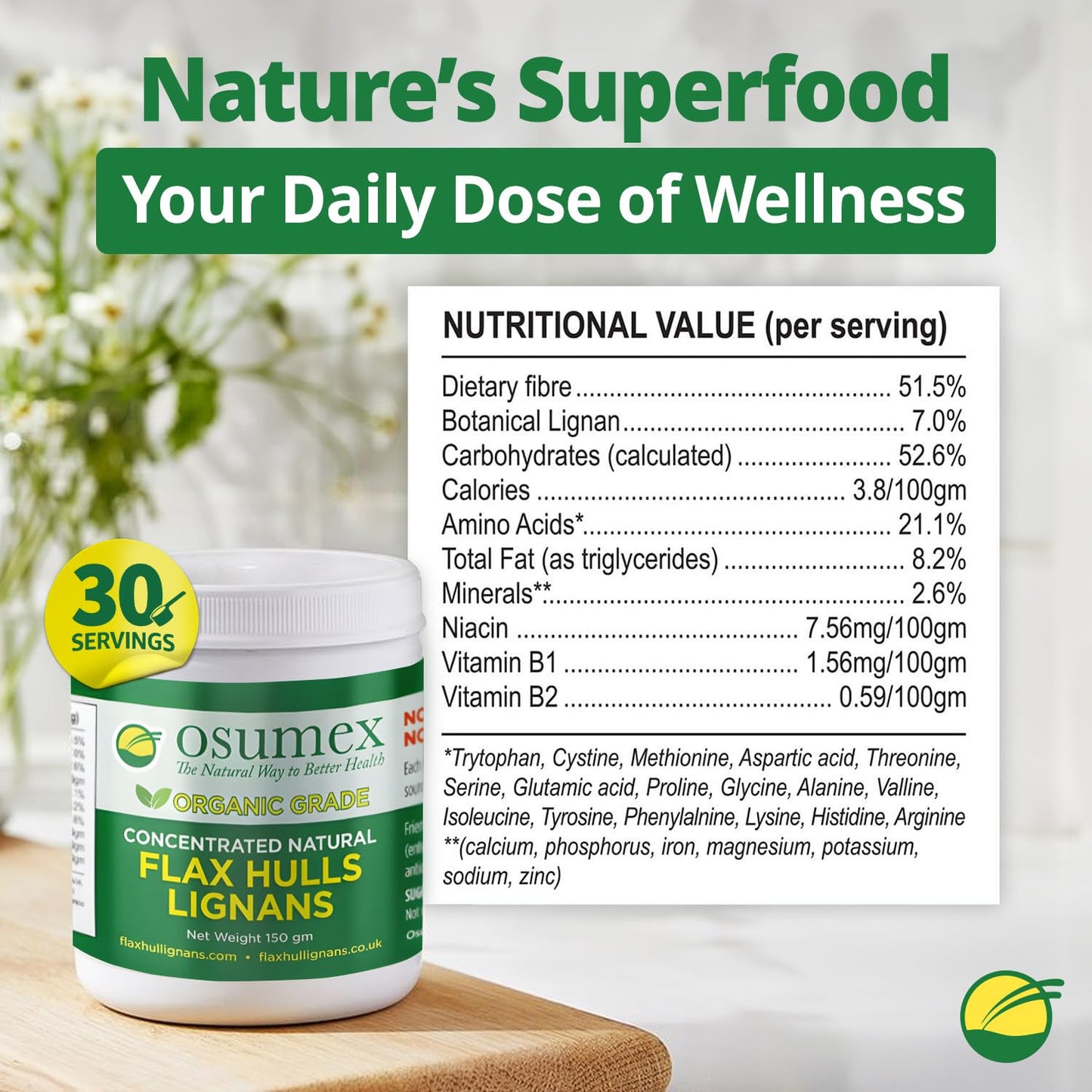 Osumex Flax Seed Hull Powder - Organic Lignan SDG, 150g (5.29oz), Smoothie Seeds for Daily Nutrition