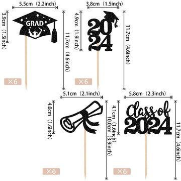 24 PCS 2024 Graduation Cupcake Toppers Glitter Class of 2024 Diploma Grad Cap Cupcake Picks 2024 Graduation Theme Party Cake Dec