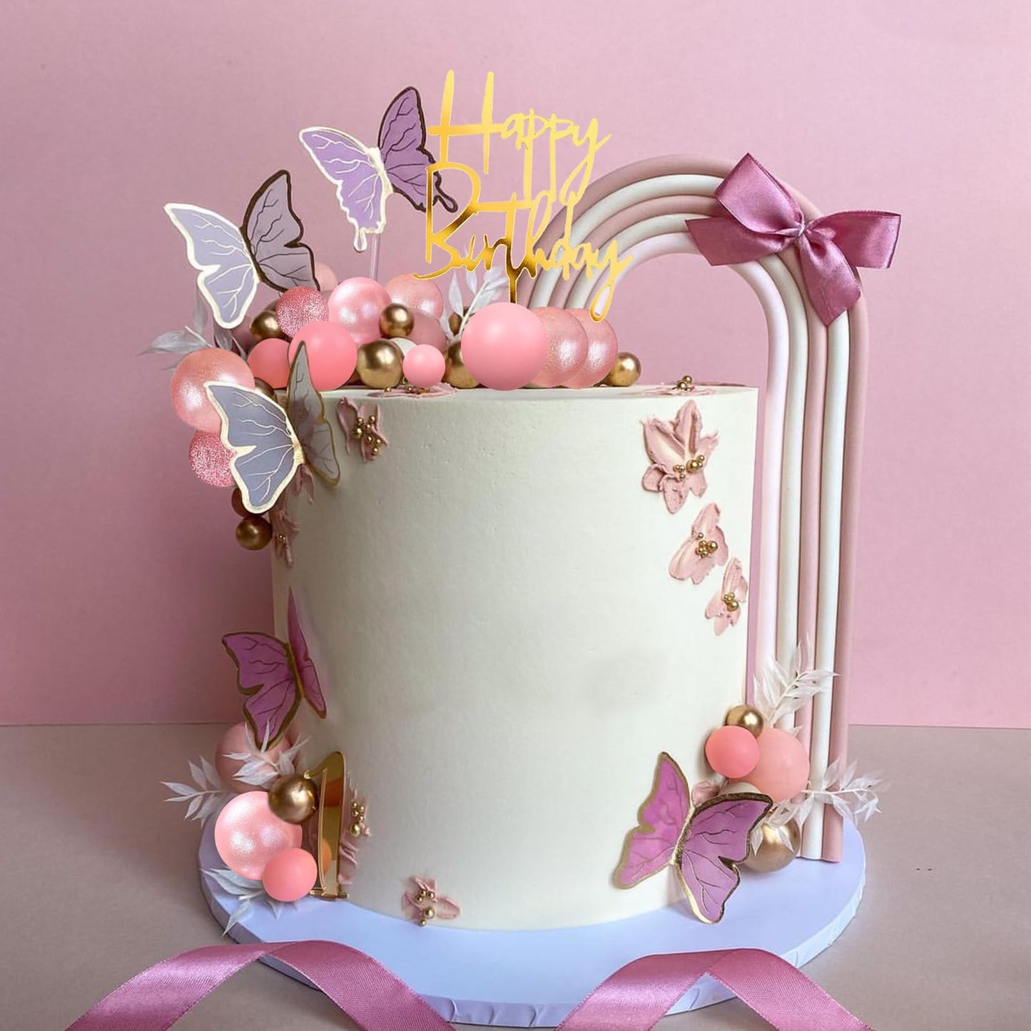 Happy Birthday Cake Topper Pink Balls Cake Topper Butterfly Balls Cake Decorations For Baby Shower Wedding Birthday Boho Party S