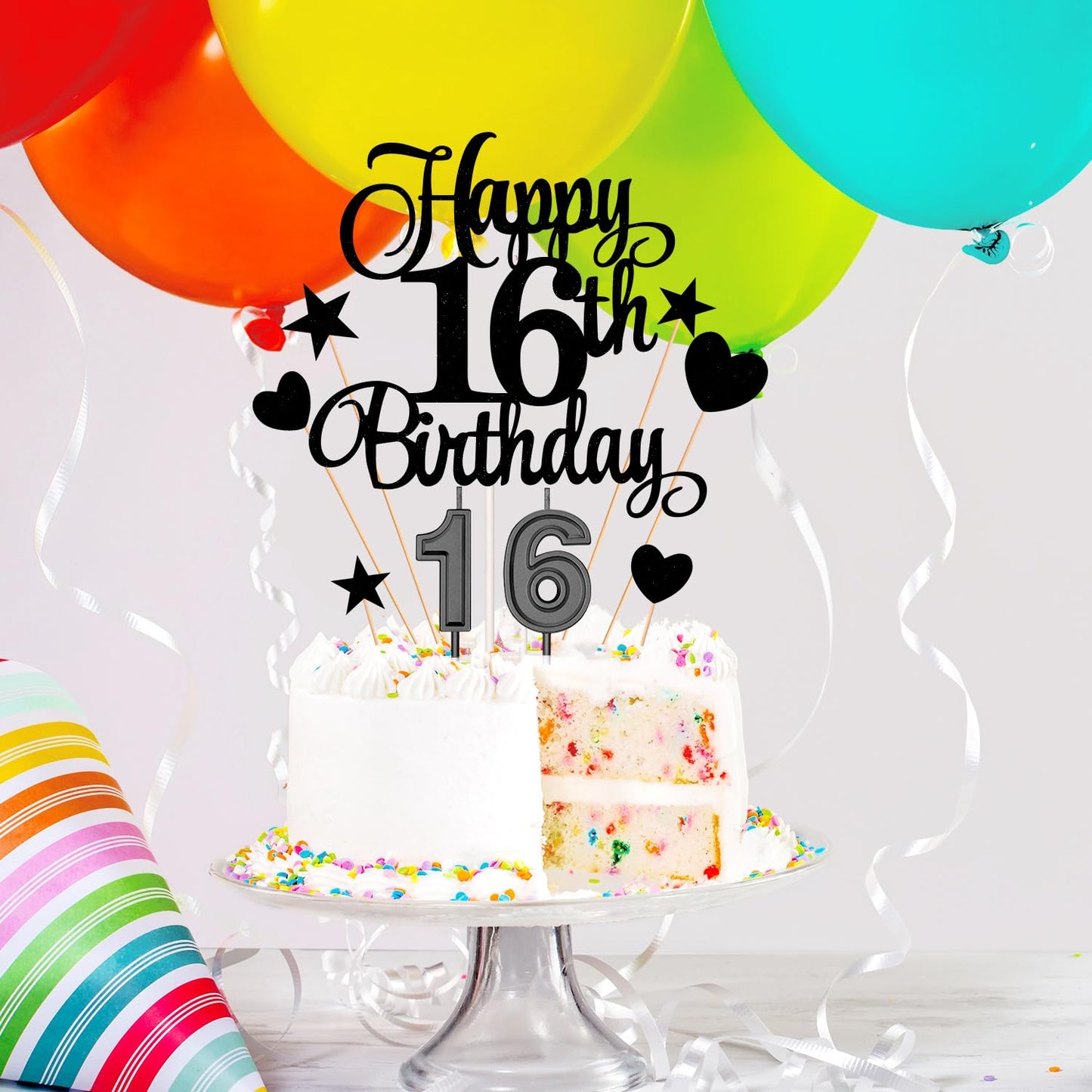 HOGRTi 16th Birthday Cake Decorations Set - Black Series, Includes Candles, Toppers & Cupcake Picks