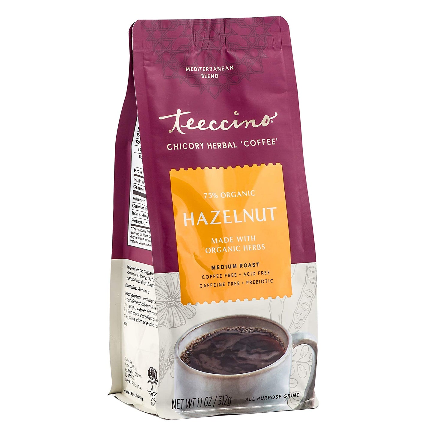 Teeccino Hazelnut Chicory Coffee Alternative - Ground Herbal Coffee - Caffeine Free, Acid Free - 11 Ounce (Pack of 3)