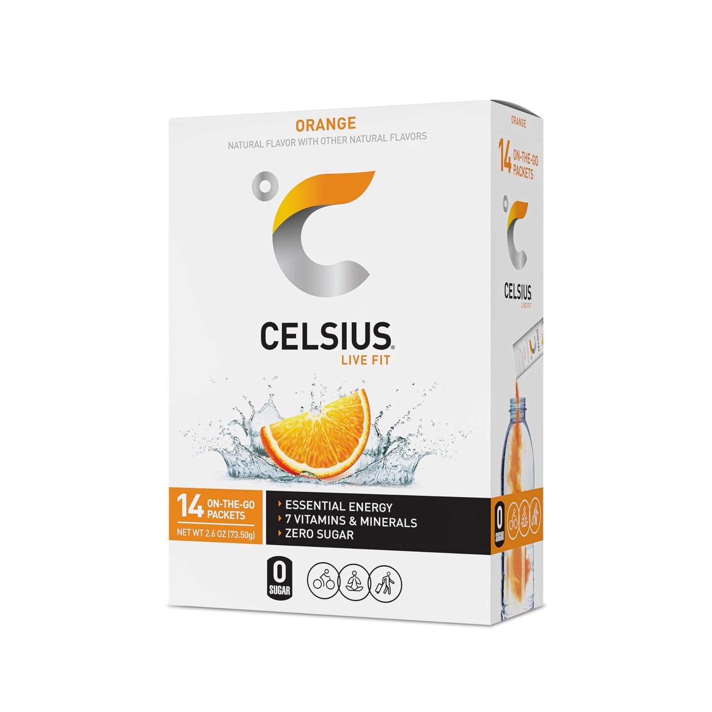 CELSIUS On-the-Go Powder Stick Zero Sugar, Orange, 14 Count, Model FGSS13026