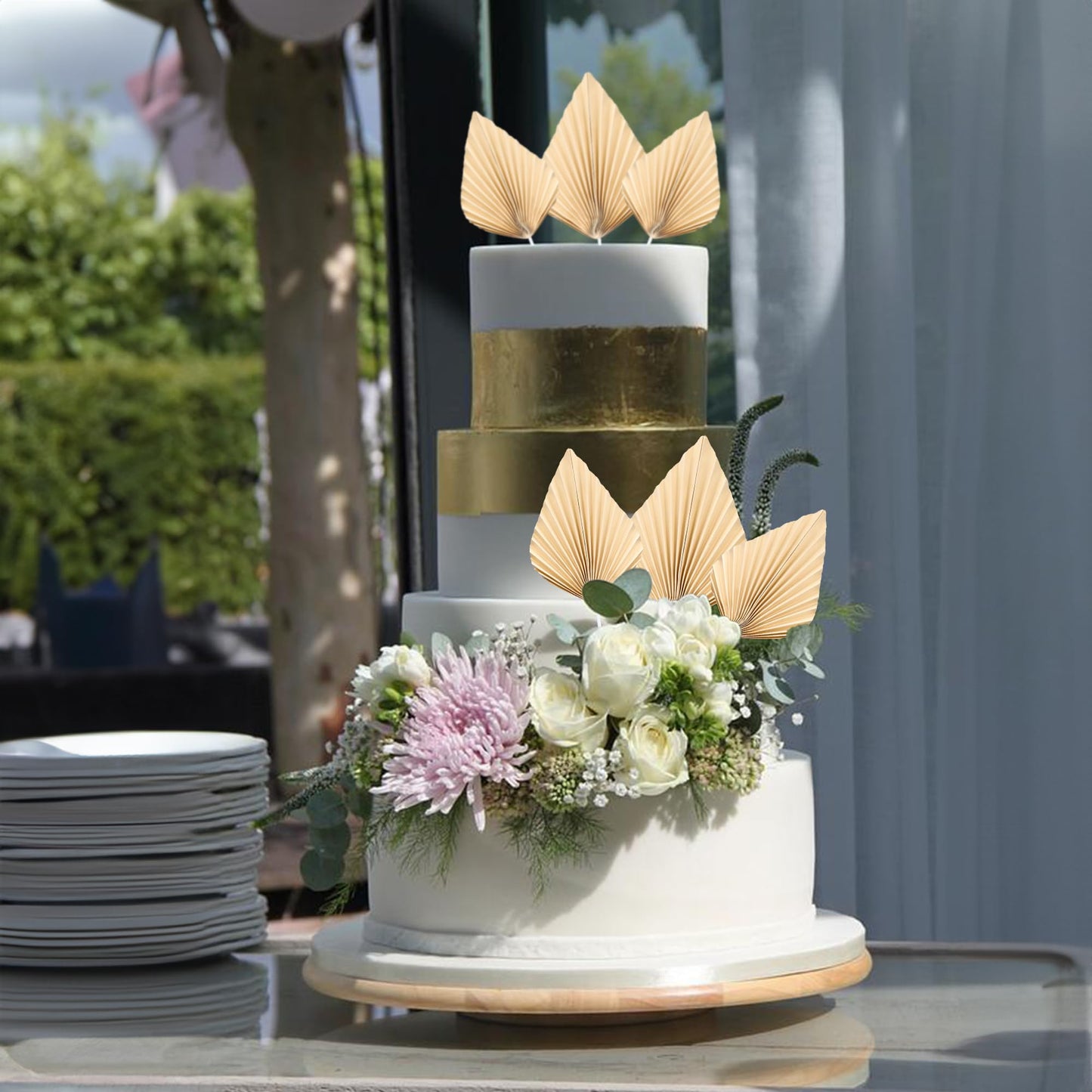 Gyufise Paper Palm Fan Cake Toppers, 6 Pcs, 4.7 x 5.1 inches, Beige, Model ZN0680-4, Wedding and Party Supplies