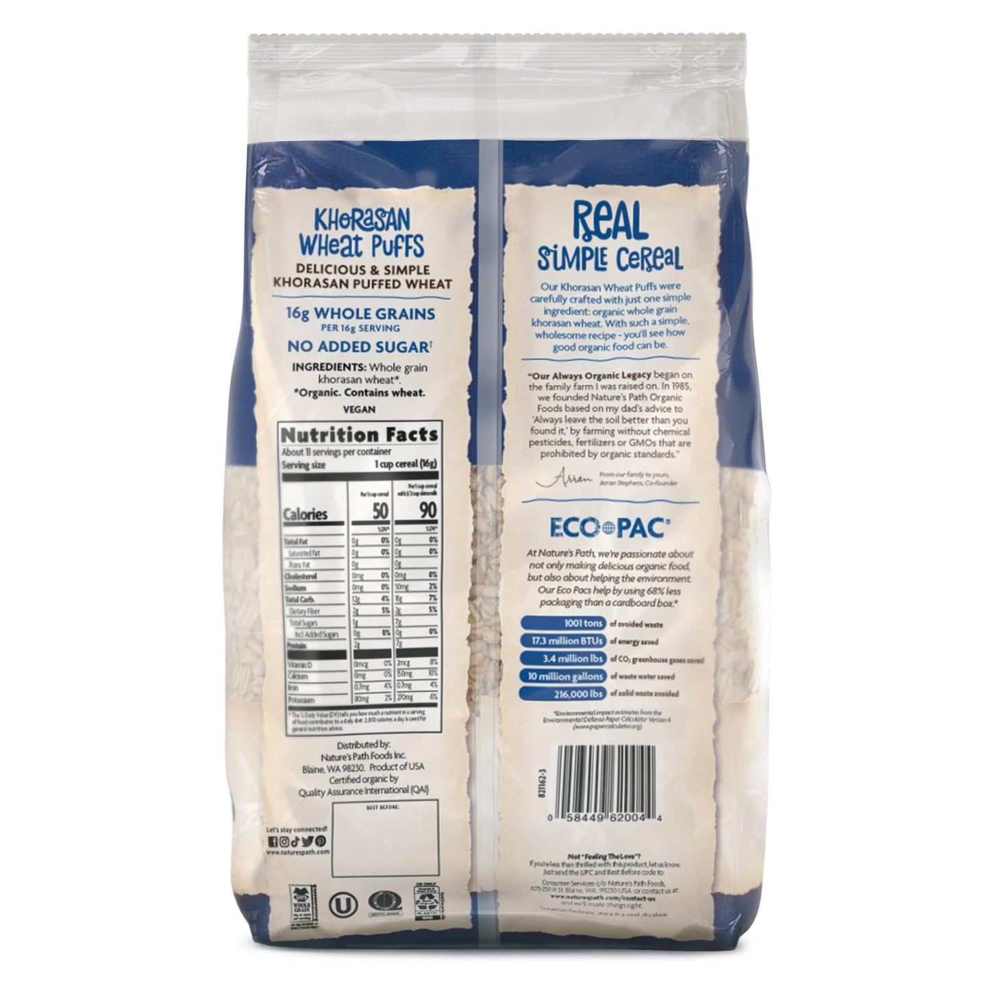 Natures Path Organic Kamut Puffs Cereal,Earth Friendly Package, Khorasan Wheat Puffs, Non-GMO, 16g Whole Grains, No Added Sugar