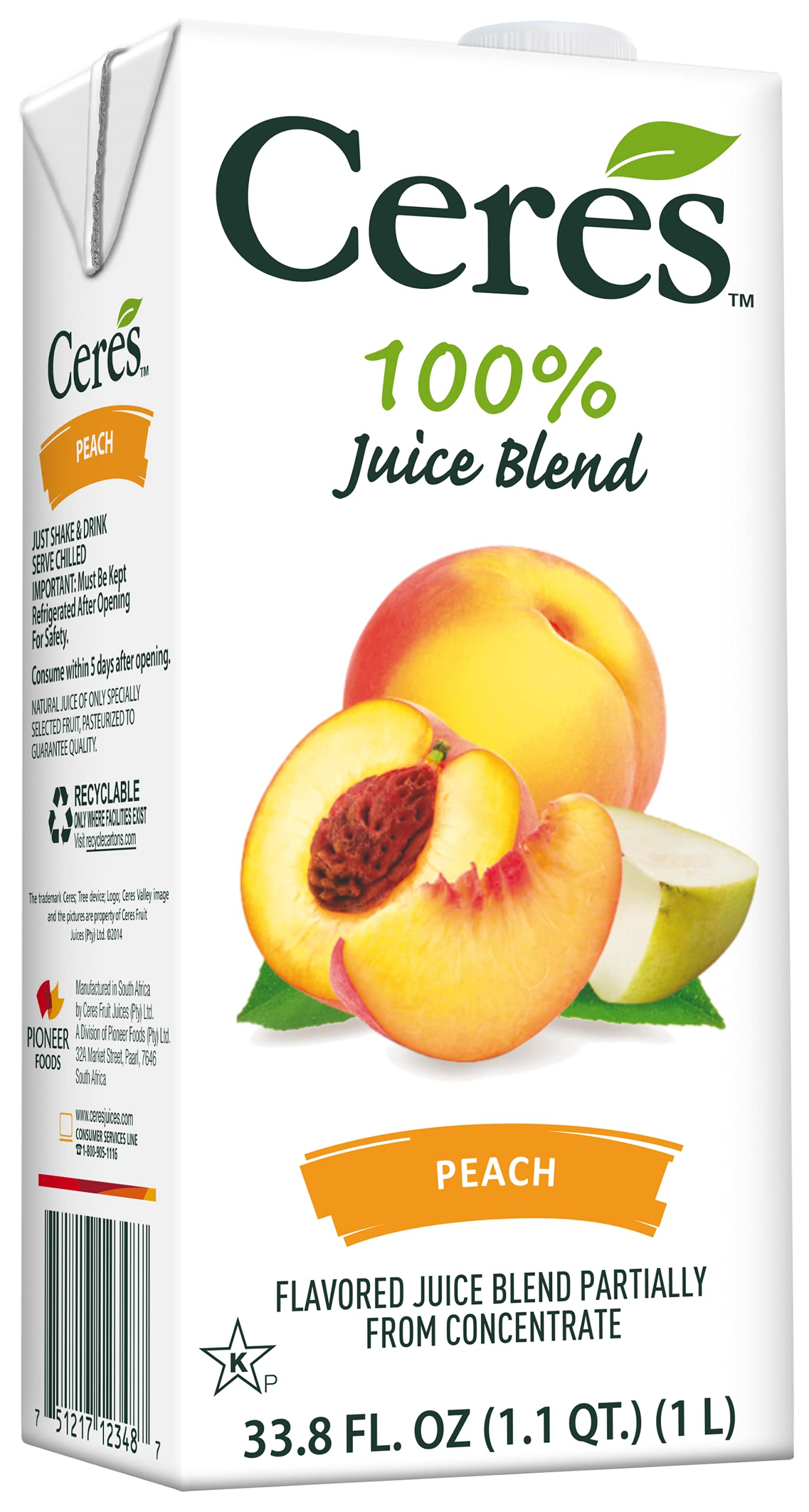 Ceres 100% All Natural Pure Fruit Juice Blend, Peach - Gluten Free, Rich In Vitamin C, No Added Sugar Or Preservatives, Cholesterol Free - 33.8 Fl Oz (Pack Of 1)