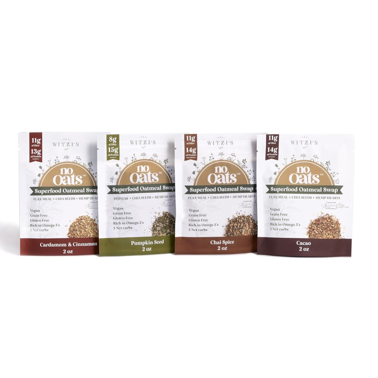 Witzi's No Oats Oatmeal Alternative, Variety Pack, 2oz (Pack of 4), Cardamom & Cinnamon, Cacao, Pumpkin Seed, Chai Spice, Made w