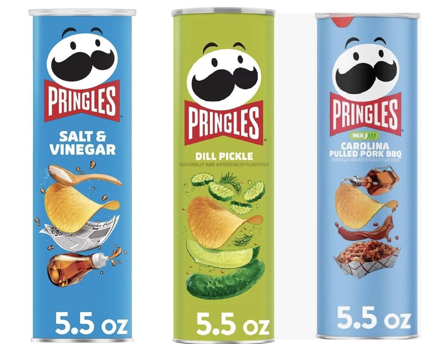 Pringles Potato Chips Trio Variety Set 5.5oz - 3 cans (Dill Pickle, Salt & Vinegar, Carolina Pulled Pork BBQ)