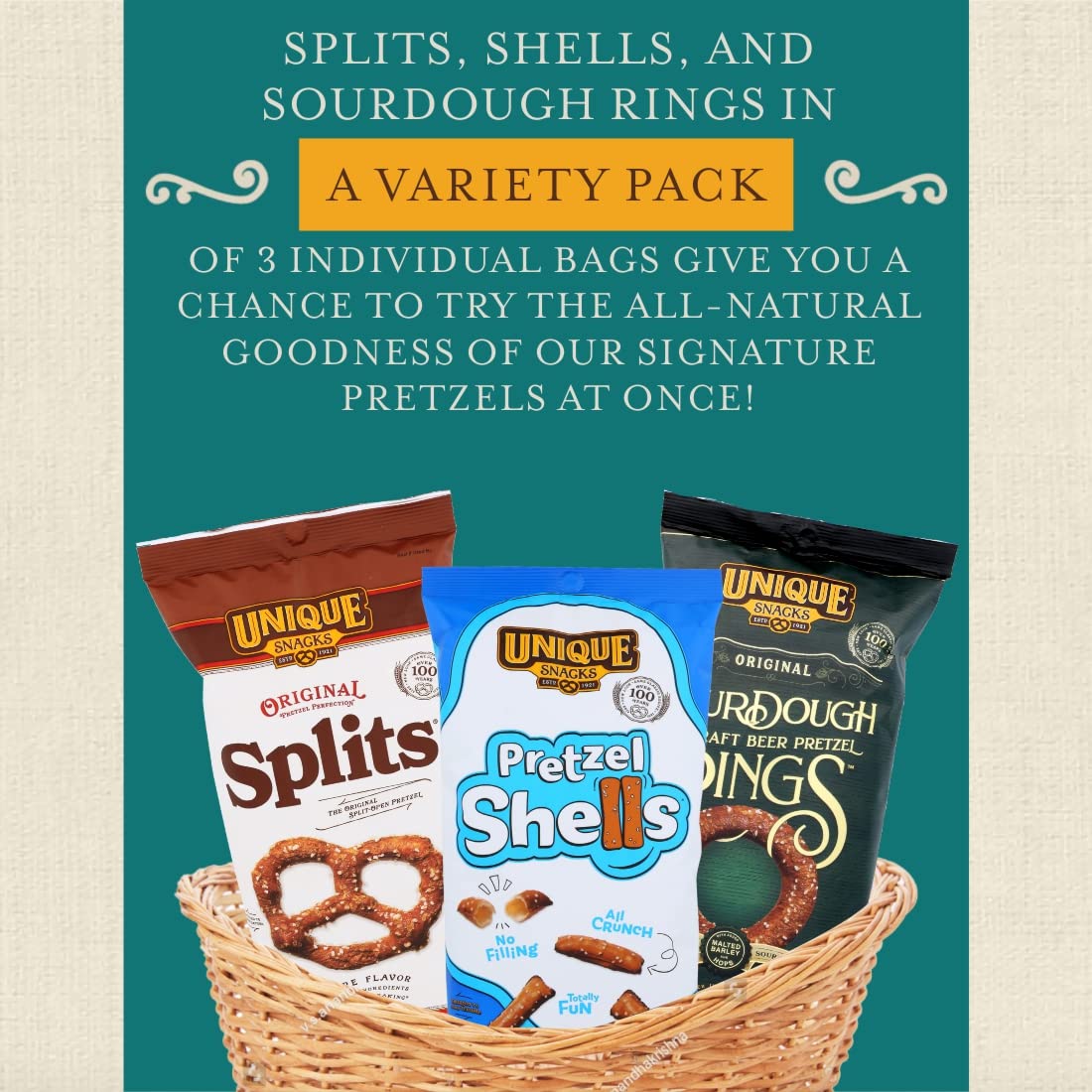 Unique Snacks Variety Pack - Original Splits Pretzels, Shells, Sourdough Rings, Vegan, OU Kosher, Non-GMO, 96 Ounce