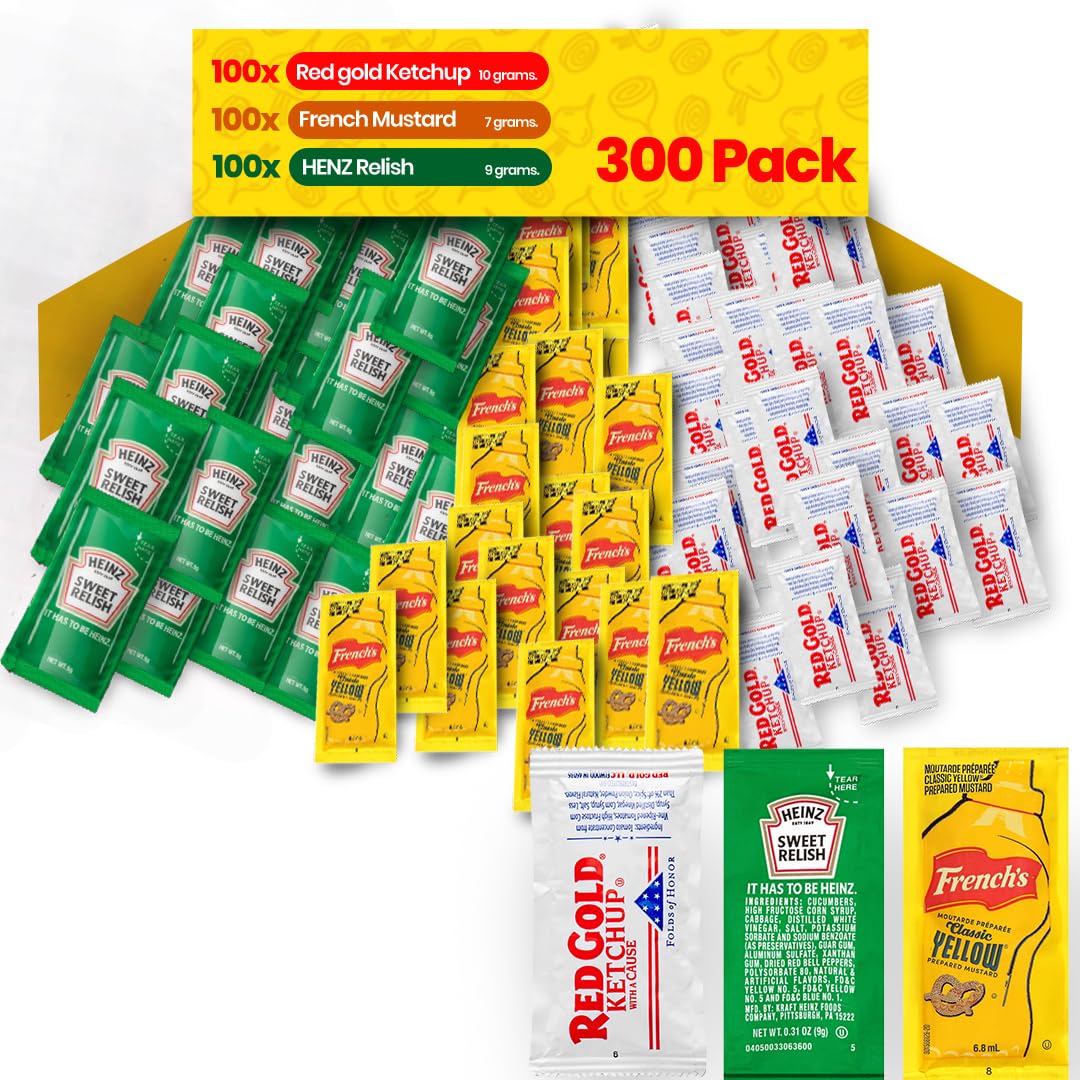 PailSail Condiment Variety Pack - Ketchup, Mustard, Relish, Single Serve Pouches, 300 Count