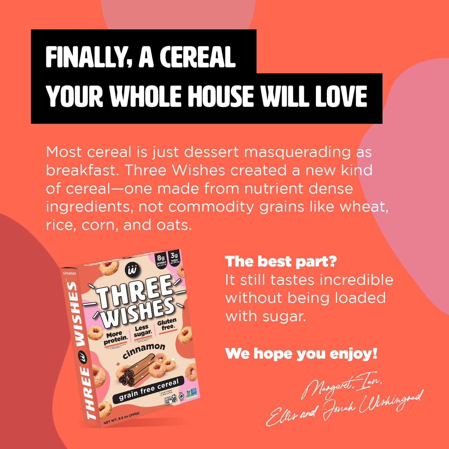 Plant-Based and Vegan Breakfast Cereal by Three Wishes - Cinnamon, 1 Pack - More Protein and Less Sugar Snack - Gluten-Free, Gra