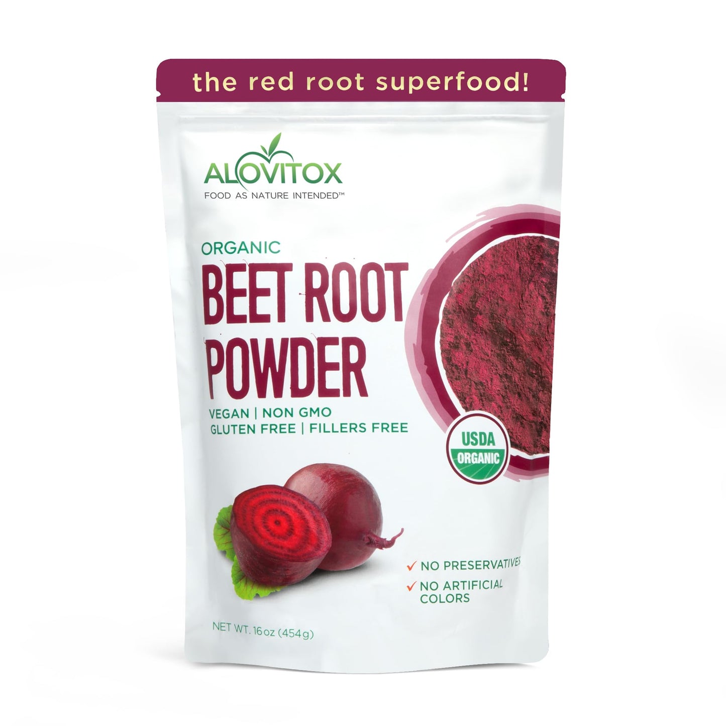 Alovitox Organic Beet Root Powder | 100% Fresh Beet Root Extract | Nitric Oxide Superfood High In Calcium Iron Potassium & Folate | Supports Effective Workouts | Vegan Non-Gmo Gluten-Free | 16 Oz