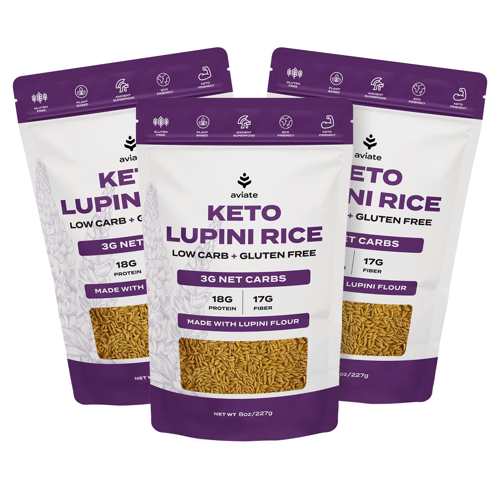 Aviate Keto Rice Orzo - Low Carb (3G Net) Lupini Rice/Pasta, High Protein (18G), Gluten-Free, Made With Lupin Flour, Plant Based