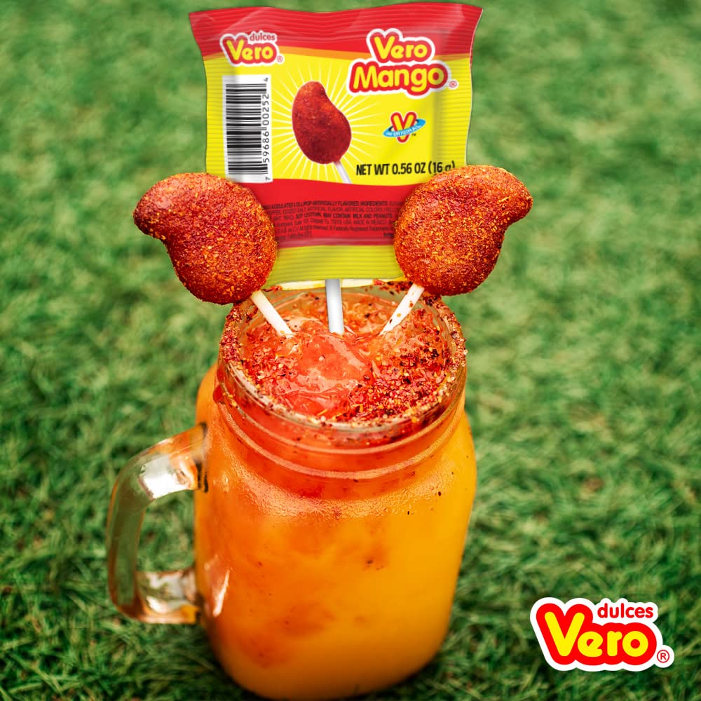 Vero Mango Lollipops Coated with Chili Powder, Hot and Sweet Candy Treat, Artificially Flavored, Net Wt. 19.7 Ounces, 40 Count B