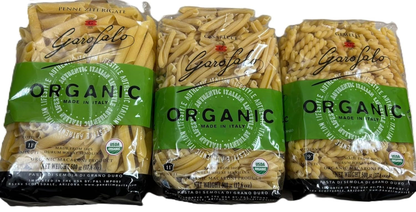 Garofalo Organic Pasta, Variety Pack, Gemelli/Twins, Casarecce/Homemade, Penne Ziti Rigate 17.6 Oz, 3-Count