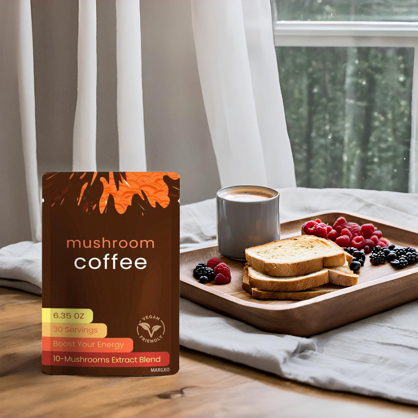 Margxo Mushroom Coffee, 6.35 Oz, 30 Servings, 10-Mushrooms Extract Blend, Boost Your Energy, Contains Coconut Milk