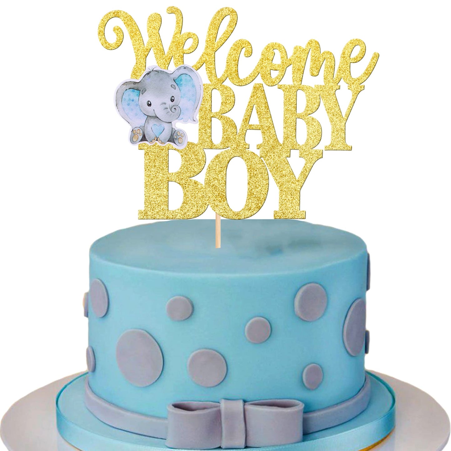 1 Pcs Welcome Baby Boy Cake Topper Glitter Baby Shower Elephant Cake Pick ItS A Boy Cake Decorations For New Born Gender Reveal Kids Boys Birthday Party Supplies Gold