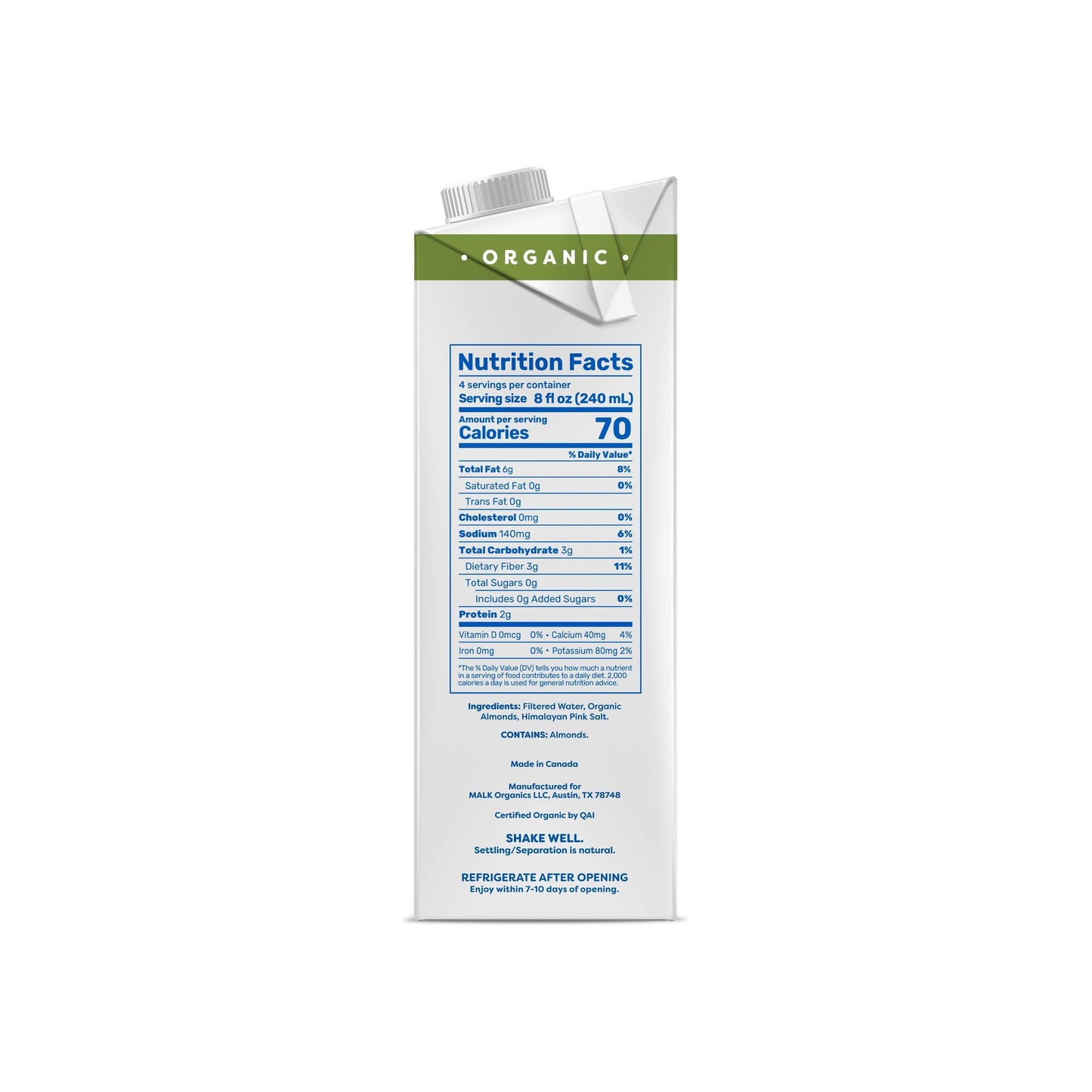 MALK Shelf Stable Organic Unsweetened Almond Milk - 32 Fl oz - Non GMO - Gum Free No Fillers Oil Free