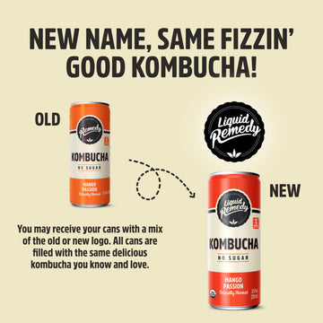 Liquid Remedy Kombucha Sugar Free Organic Drink, Low Calorie, Probiotic Like Tea For Gut Health - Mango Passion - 8.5 Fl Oz Can,