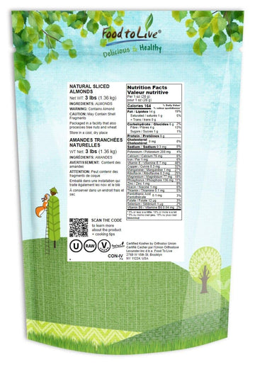 Food To Live California Natural Sliced Almonds, 3 Pounds - Raw Unblanched Almond Nuts, Kosher, Vegan, Keto, Bulk. High In Protei