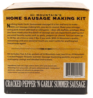 Hi Mountain Seasonings ǀ Summer Sausage Seasoning Kit ǀ Cracked Pepper 'N Garlic ǀ Includes 10 Casings, Seasoning, Cure, & Directions ǀ Seasons Up To 30Lbs Of Meat ǀ Beef, Pork, Venison, & Deer