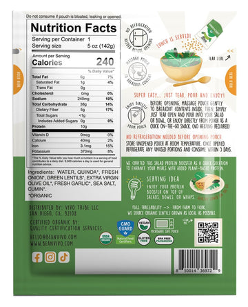 Beanvivo 6-Pack Salad Protein Booster - Organic Lentils & Quinoa, Fully Cooked And Seasoned, Delivering A Burst Of Taste And 10G