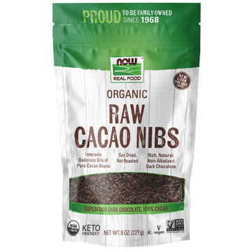Now Foods, Organic Raw Cacao Nibs, Rich, Pure Cacao Bean Bits, Dark Chocolate Flavor, Certified Non-Gmo 8-Ounce (Packaging May Vary)