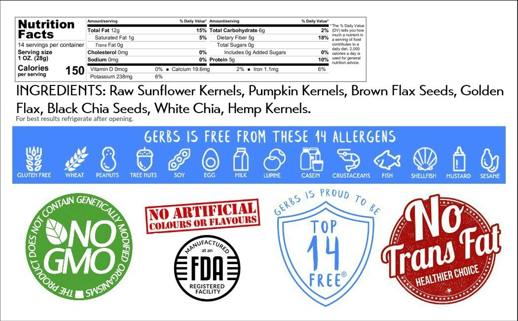 Gerbs Raw Super 7 Seed Snack Trail Mix 14Oz. | Top 14 Food Allergy Free | Resealable Bulk Bag | Made In Usa | Raw Pumpkin Sunflo