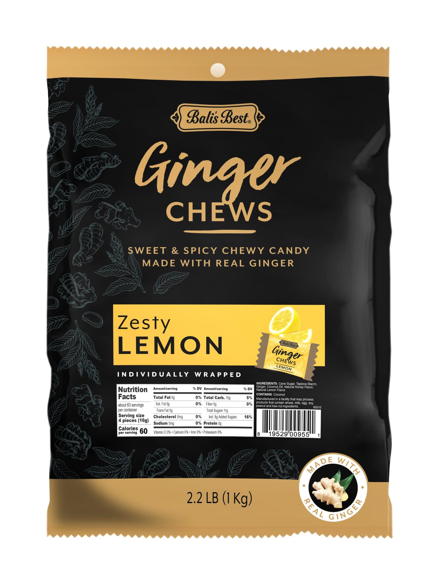 Balis Best Ginger Chews - Zesty Lemon Flavor (2.2 Lb Bulk Bag) 100% Real Ginger Sweet Spicy Chewy Ginger Candies Great Snacks Fo