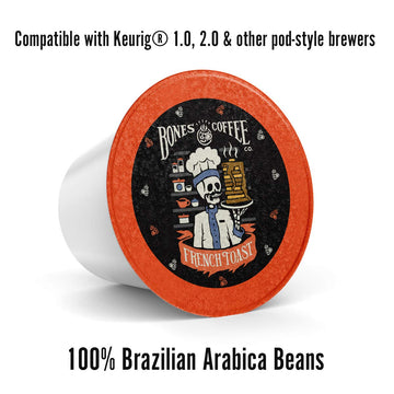 Bones Coffee Company Flavored Coffee Bones Cups French Toast | 12Ct Single-Serve Coffee Pods Compatible With 1.0 & 2.0 Keurig Coffee Maker | Sweet Buttery Flavor Aroma