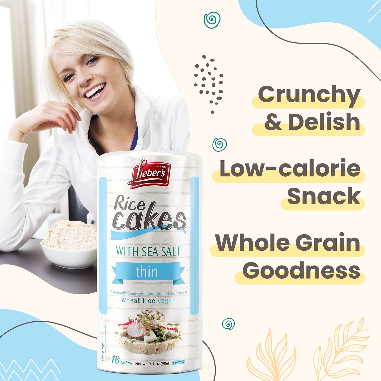 LIEBERS Rice Cakes, Kosher Certified, Dairy Free, Gluten Free, Vegan, Sea Salt, 3.1 Ounce (Pack of 3)