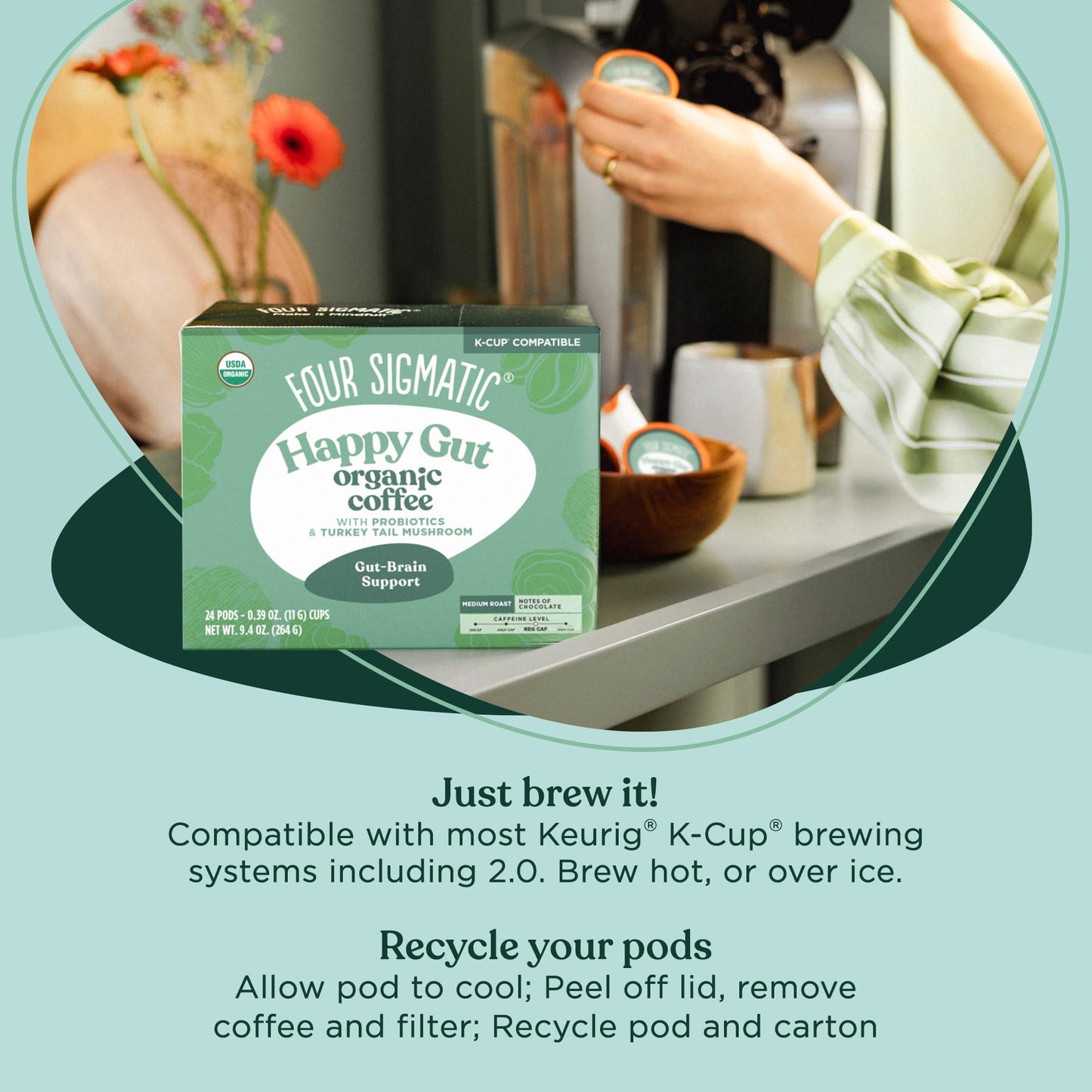 Four Sigmatic Happy Gut Organic Coffee Pods | Medium Roast Probiotic K Cups With Chaga And Turkey Tail | Immune Boosting, Probio