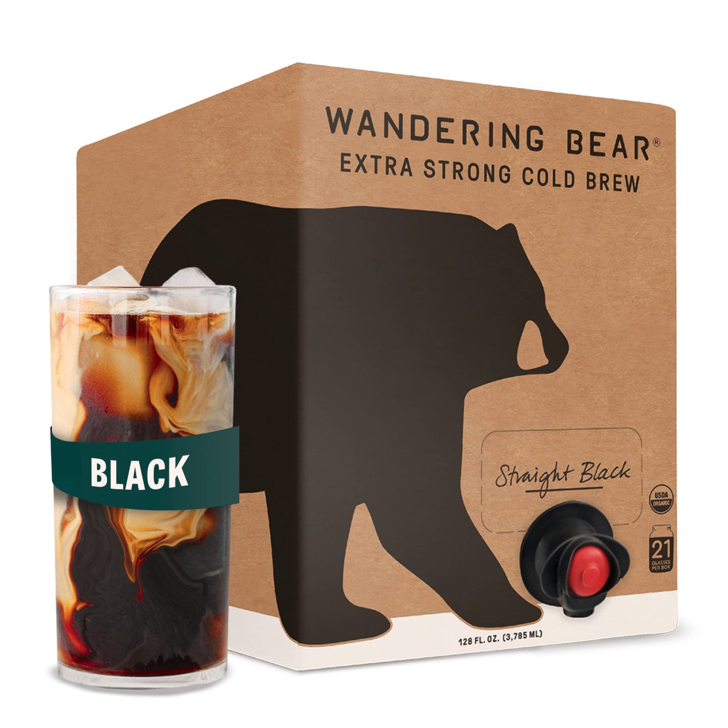 Wandering Bear Straight Black Organic Cold Brew Coffee On Tap, Iced Coffee, 128 Fl Oz (1 Gallon) - Extra Strong, Smooth, Unsweet