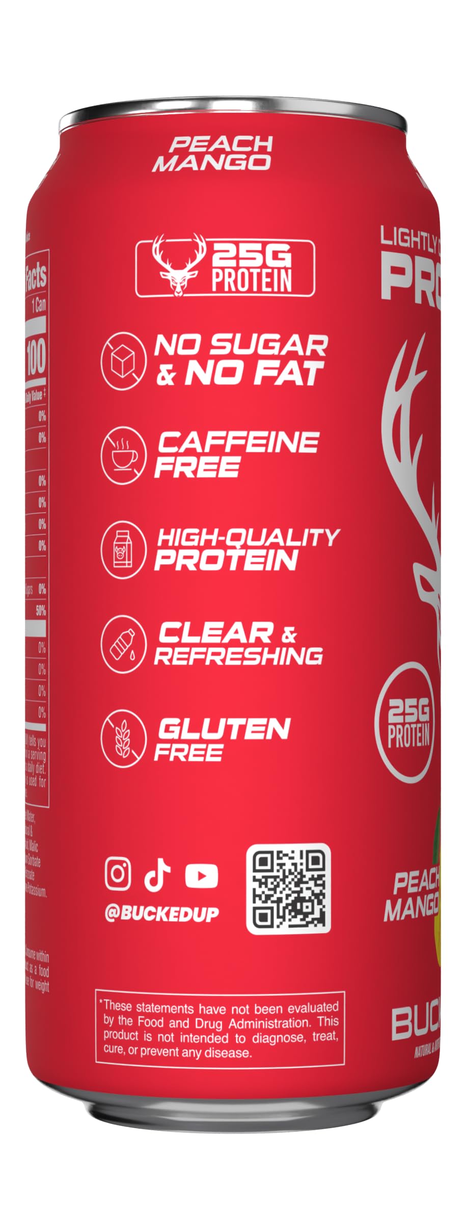 Bucked Up Lightly Carbonated Protein Soda | 25G Whey Isolate - Zero Sugar, Low Calorie, Caffeine Free, Clean Drink | Sparkling Protein Soda - 12 Pack, 16 Oz Cans (Peach Mango)