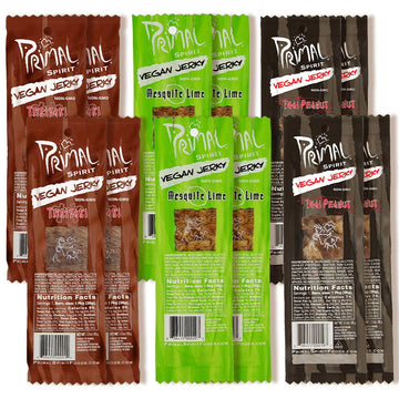 Primal Spirit Vegan Jerky - Seitan Power Pack, 10 G. Plant Based Protein, Certified Non-Gmo, No Preservatives ("The Classics" Teriyaki, Thai Peanut, And Mesquite Lime, 12-Pack, 1 Oz)