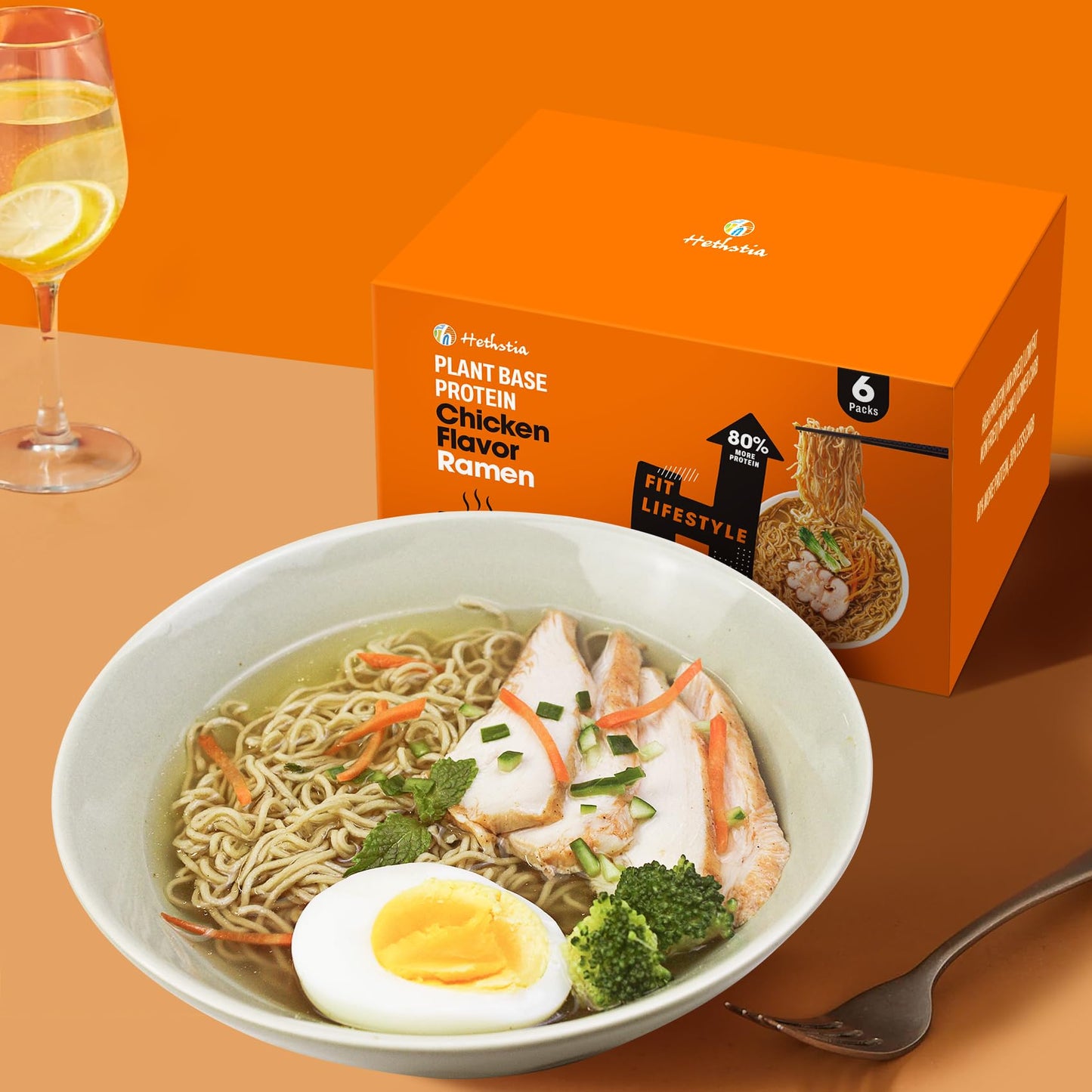 Hethstia High Protein Ramen Soup Chicken Flavor 6-Pack Instant Ramen Noodles Chicken Broth 32g Plant-Based Protein Vegan Non-GMO Low Fat Egg-Free Dairy-Free Pre-Packaged Quick Meal