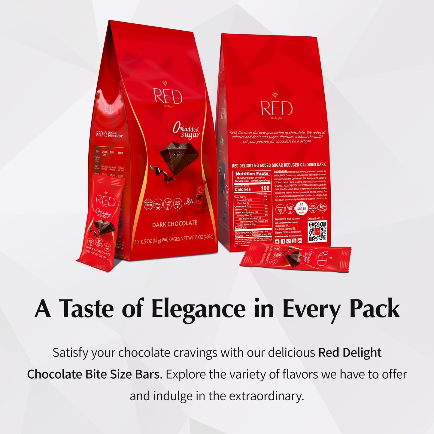 Red Delight Snack Size Dark Chocolate Bars - Low Carb, Gluten-Free - 30oz Pack of 60, Brown