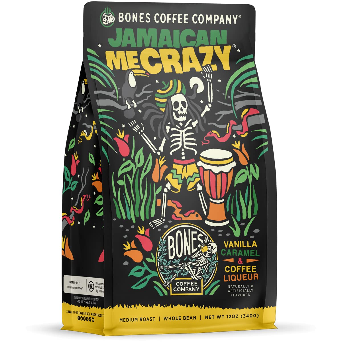 Bones Coffee Company Jamaican Me Crazy Whole Coffee Beans Vanilla Caramel, And Coffee Liqueur Flavor | 12 Oz Medium Roast Low Acid Coffee | Flavored Coffee Gifts & Beverages (Whole Bean)