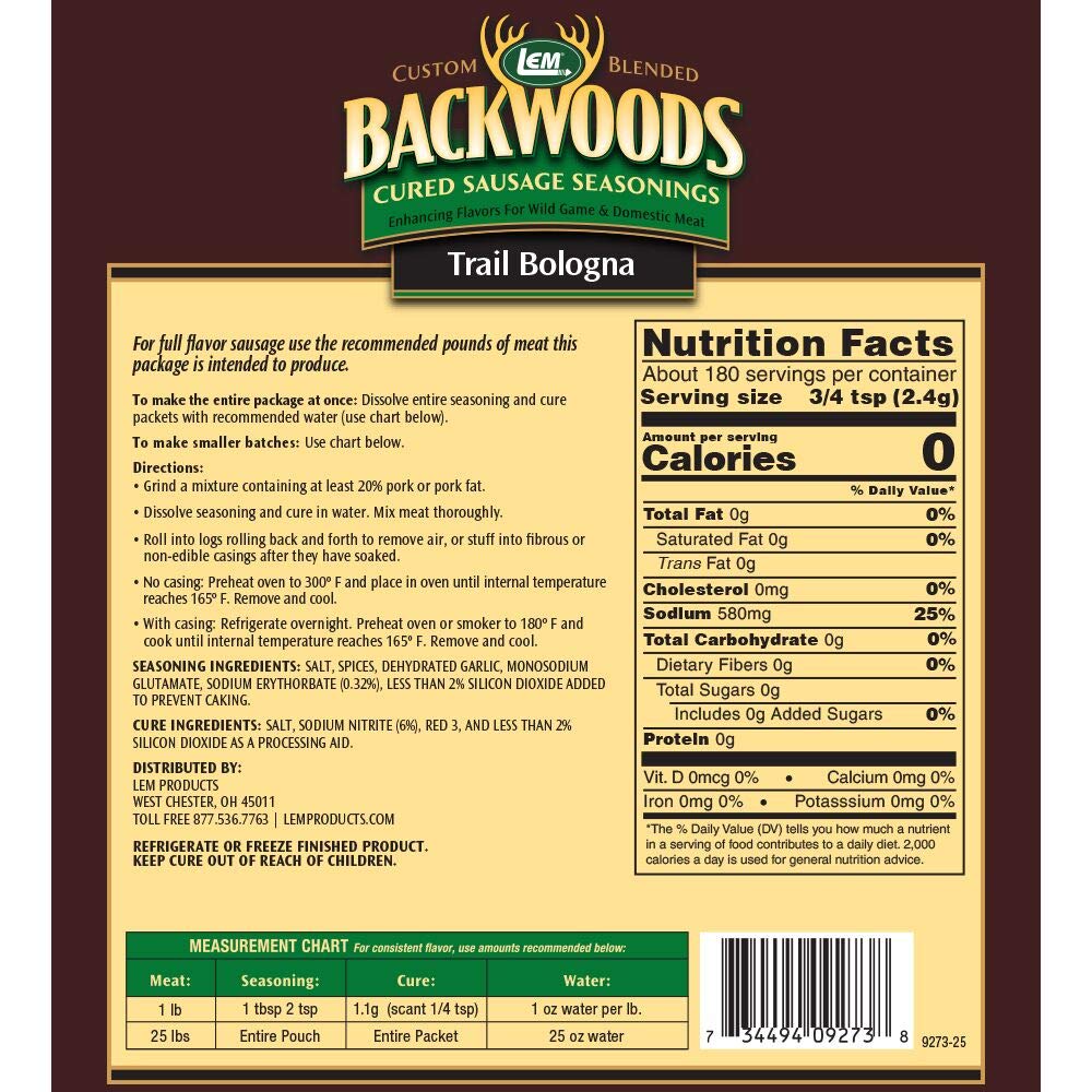 Lem Backwoods Cured Sausage Seasoning With Cure Packet, Trail Bologna