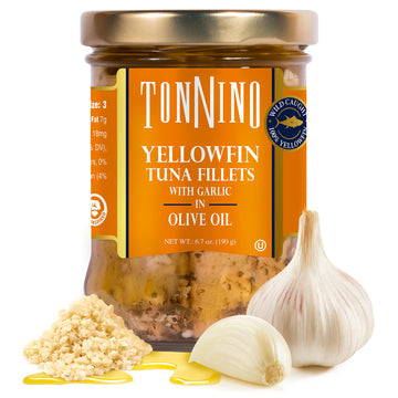 Tonnino Yellowfin Tuna In Olive Oil With Garlic 6.7 Oz - 6-Pack: Omega-3, High Protein, Gluten-Free, Ready-To-Eat Tuna Packets For Tuna Salad, Tuna Fish Alternative To Salmon, Rich Flavor Tuna Fish