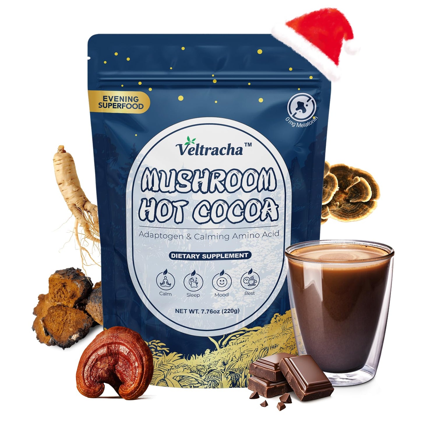 Veltracha Magnesium Hot Cocoa Mushroom Hot Chocolate Powder With Reishi Gaba & L-Theanine Natural Sleep Aid Drink Mix For Melatonin-Free 20 Servings