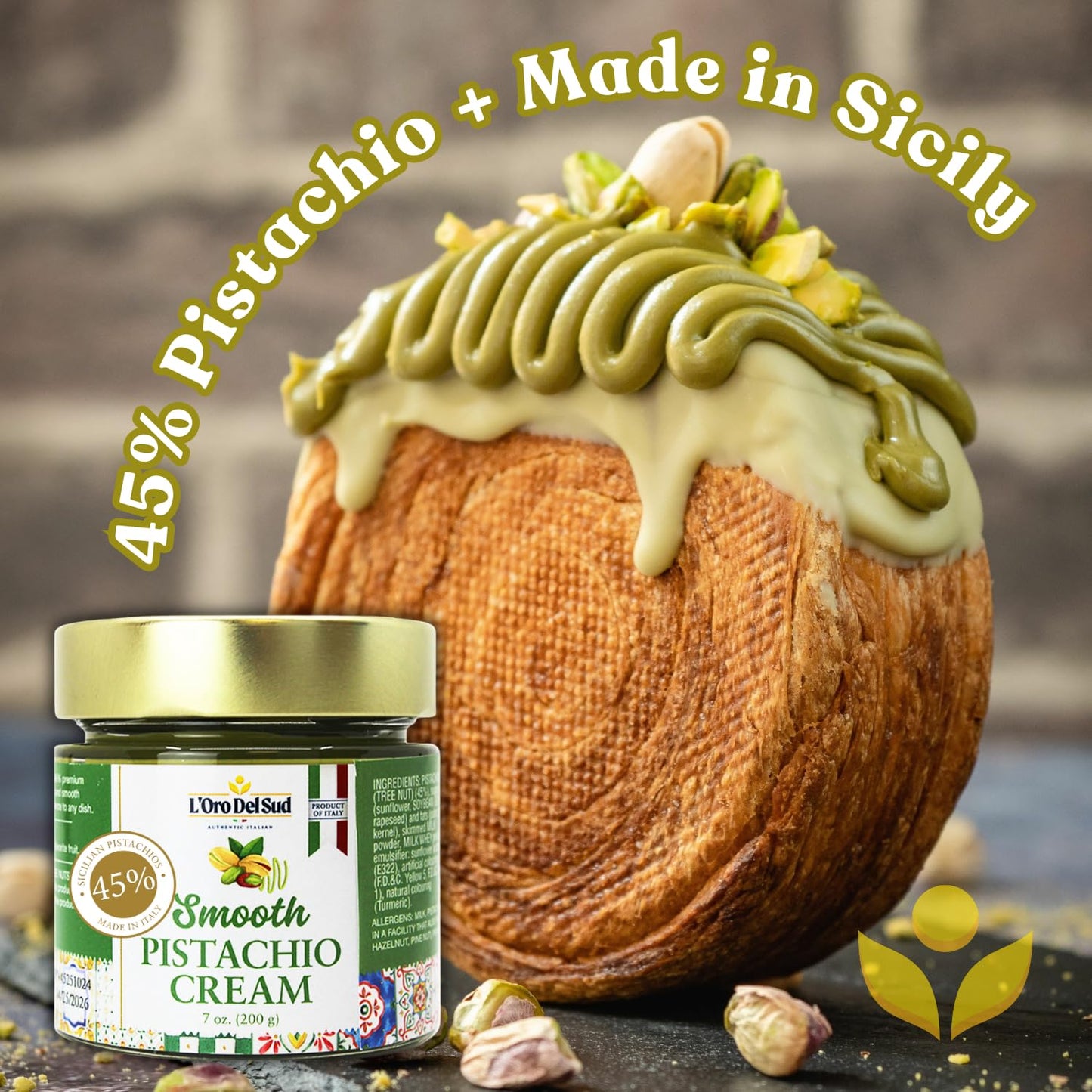 Pistachio Cream enhanced 45% Smooth Sicilian Pistachio Spread 7 oz (200g) Contains 45% Pistachio nuts Sweet Pistachio Butter Product of Italy LOro Del Sud