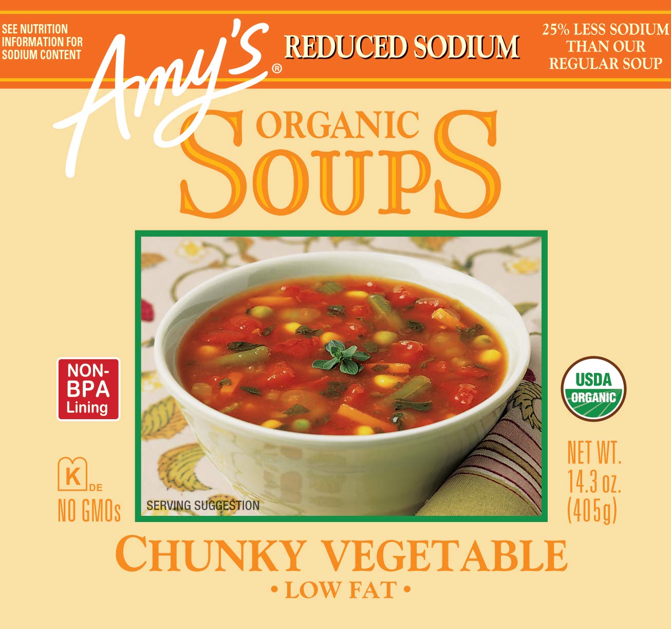 Amys Soup, Vegan Reduced Sodium Chunky Vegetable Soup, Gluten Free, Made With Organic Vegetables, Canned Soup, 14.3 Oz (12 Pack)