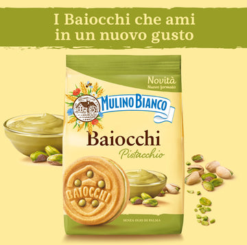 Mulino Bianco Biscotti Baiocchi Al Pistacchio, Biscotti Con Pistacchio E Pastafrolla Ideali Per Colazione O Merenda, Senza Olio Di Palma, 1 Sacchetto Da 240G