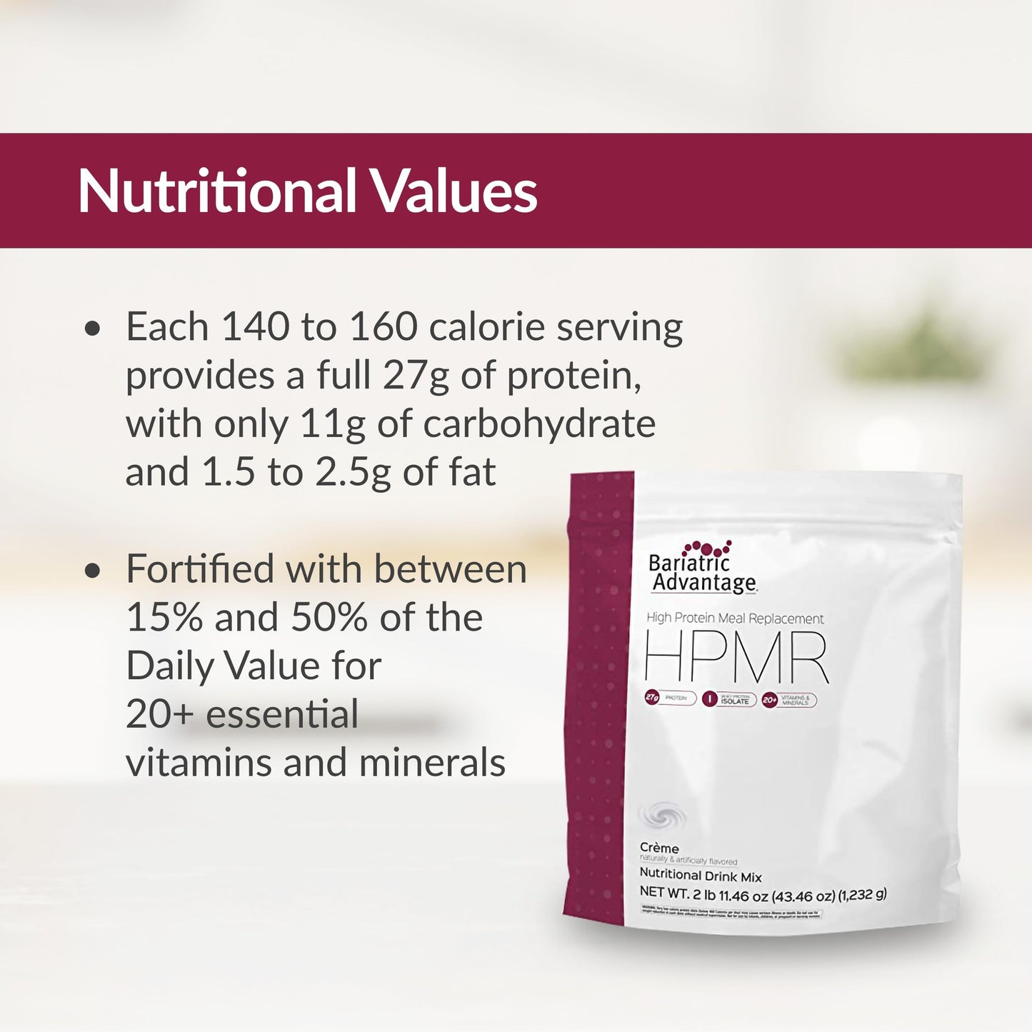 Bariatric Advantage High Protein Meal Replacement Drink Mix, 27g Protein, Lactose Free, 43.46 Ounce, Creme Flavor