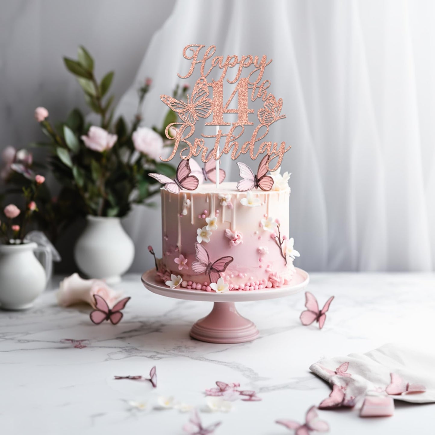 Rose Gold Glitter Happy 14Th Birthday Cake Topper, Butterfly Happy 14Th Birthday/Cheers To 14 Years, Butterfly Themed 14Th Birth