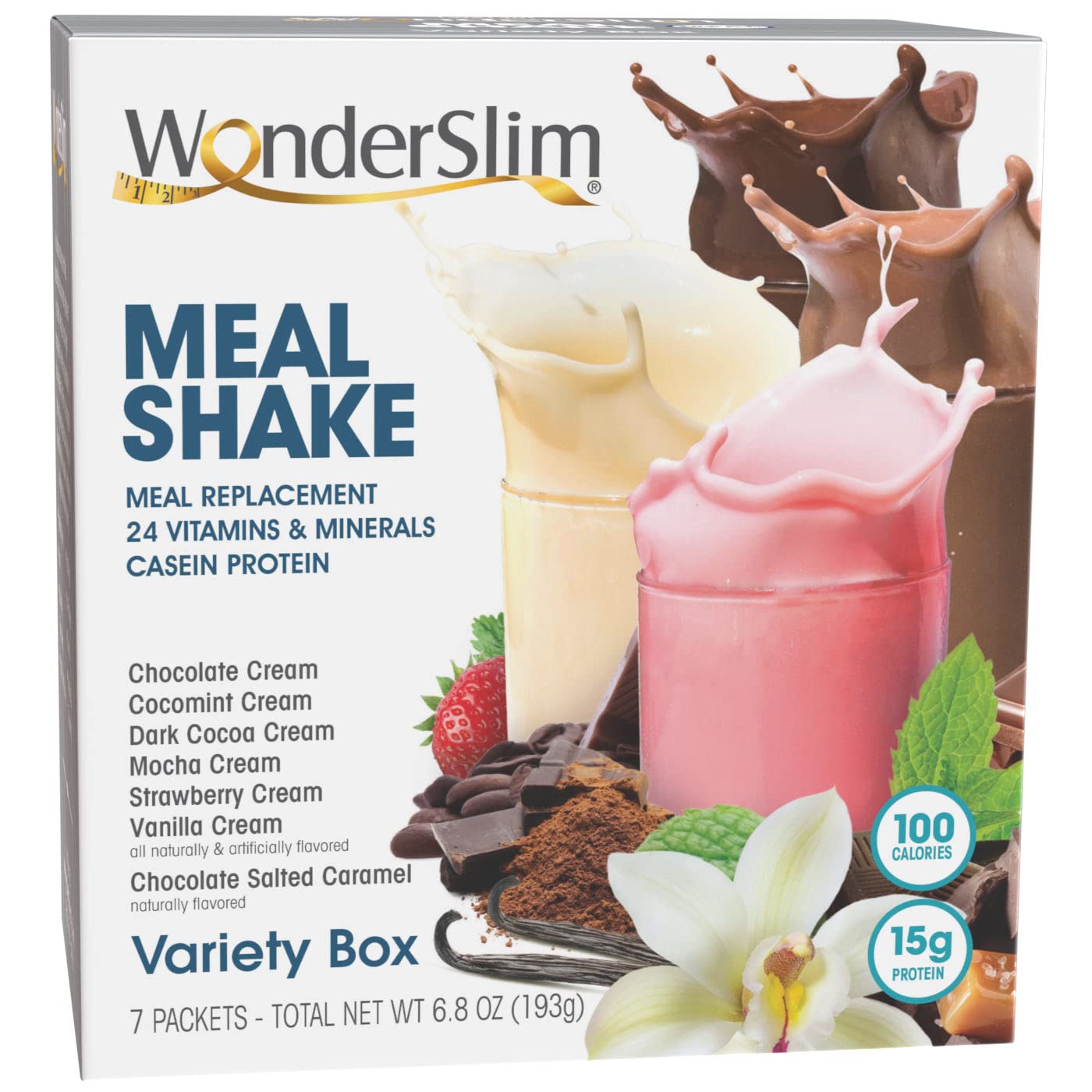 WonderSlim Meal Replacement Shake Variety Pack - 15g Protein, 24 Vitamins & Minerals, Gluten Free - 7 Count Box